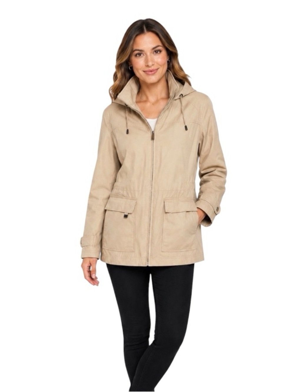 London Fog Hooded Warm Lined Jacket Beige petite M Removable Hood